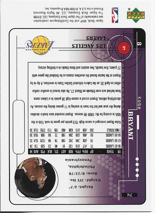 Kobe Bryant 1999 Upper Deck MVP Card #74