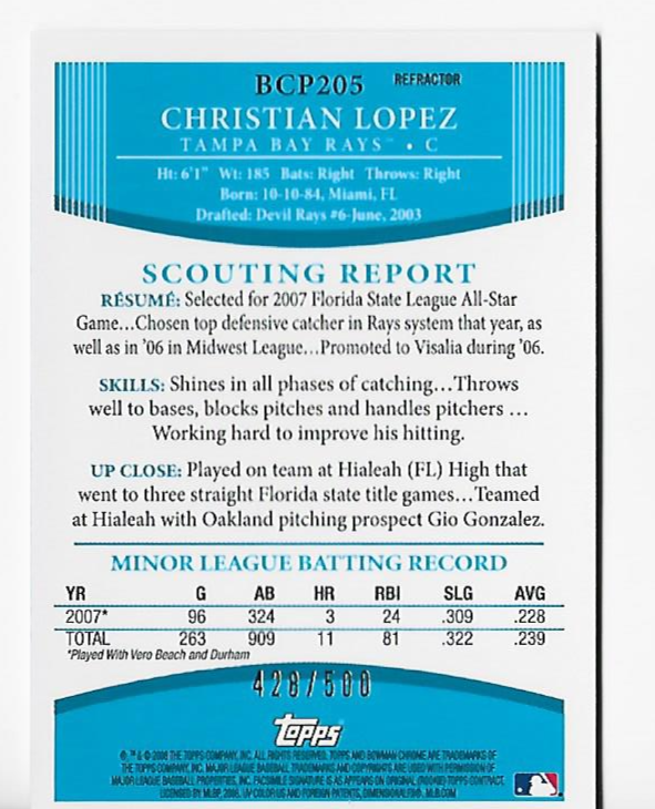 Christian Lopez 2008 #BCP205 (428/500) Bowman Refractor Chrome Card