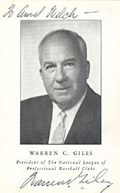 Warren C. Giles Autographed / Signed 3x5 Photo - President of The National League