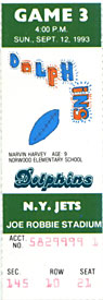 Miami Dolphins Vs. New York Jets September 12 1993 Ticket