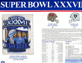 Super Bowl 37 Patch and Game Details Card