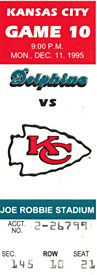 Miami Dolphins vs. Kansas City Chiefs December 11 1995 Ticket