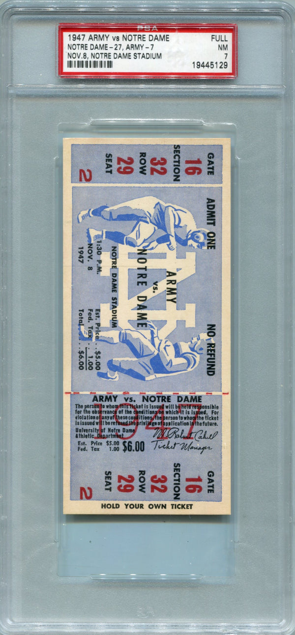 1947 Army Vs. Notre Dame November 8. Notre Dame Stadium Full Game Ticket  PSA 7