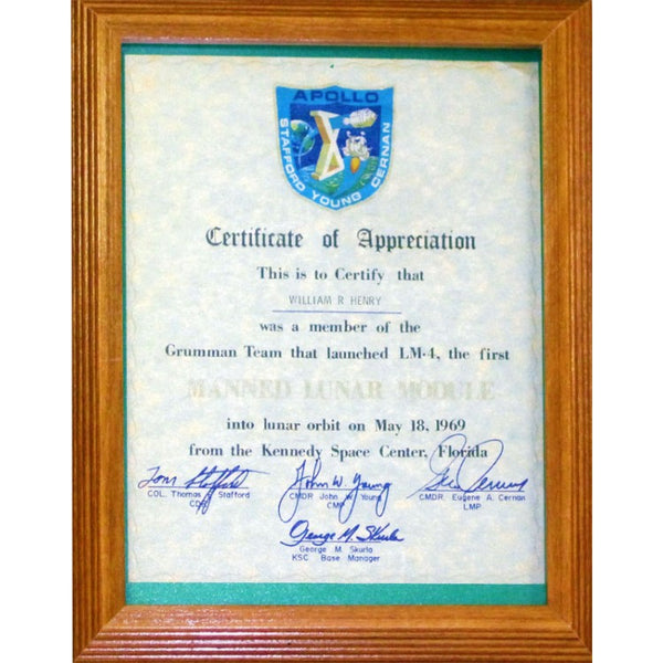William R. Henry Unsigned Certificate of Appreciation