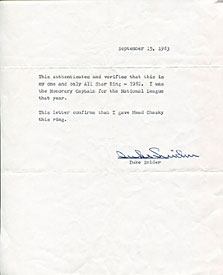Duke Snider Autographed / Signed 1982 All-Star Ring Authentication Letter