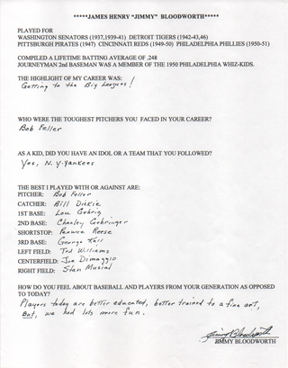 Jimmy Bloodworth Autographed Hand Filled Out Survey Page (JSA)
