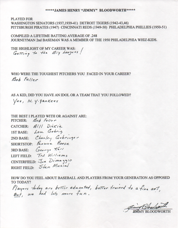 Jimmy Bloodworth Autographed Hand Filled Out Survey Page (JSA)