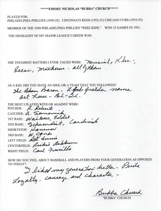 Bubba Church Autographed Hand Filled Out Survey Page (JSA)