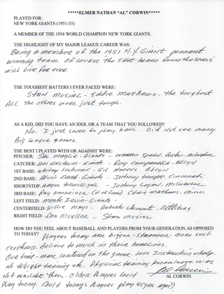 Al Corwin Autographed Hand Filled Out Survey Page (JSA)