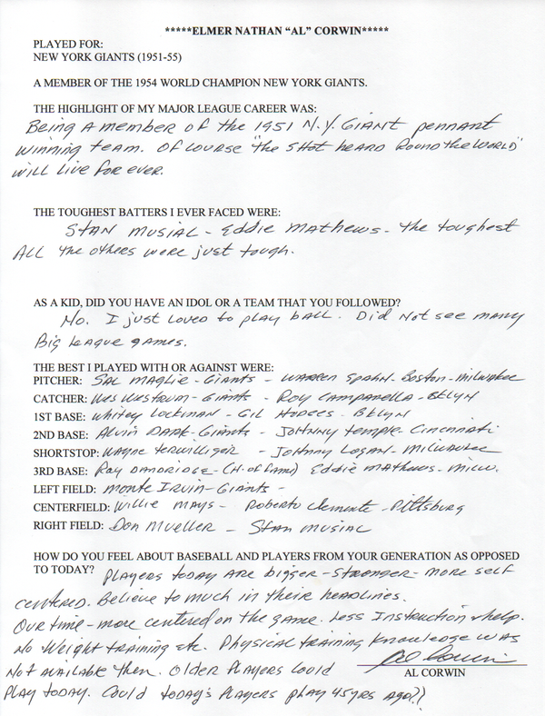 Al Corwin Autographed Hand Filled Out Survey Page (JSA)