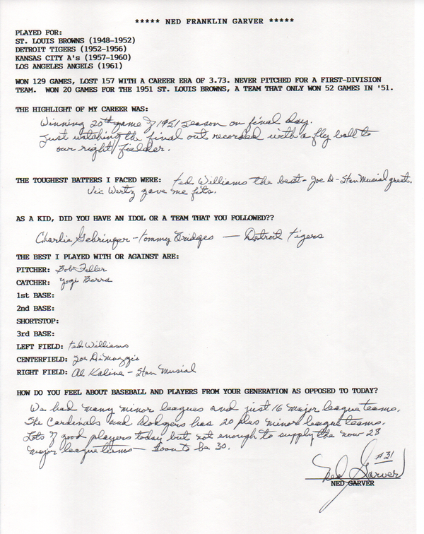 Ned Garver Autographed Hand Filled Out Survey Page (JSA)