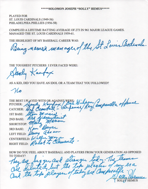 Solly Hemus Autographed Hand Filled Out Survey Page (JSA)