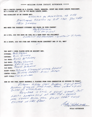 Billy Hitchcock Autographed Hand Filled Out Survey Page (JSA)