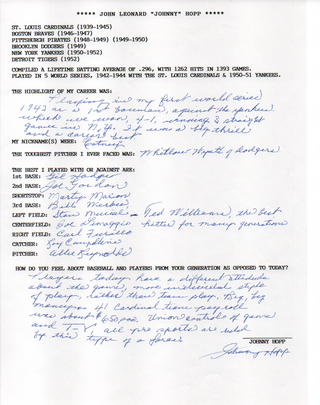 Johnny Hopp Autographed Hand Filled Out Survey Page (JSA)