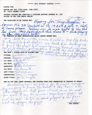 Roy Partee Autographed Hand Filled Out Survey Page (JSA)