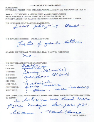 Claude Passeau Autographed Hand Filled Out Survey Page (JSA)