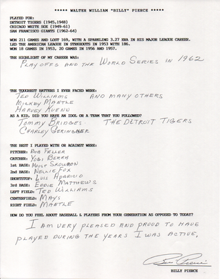 Billy Pierce Autographed Hand Filled Out Survey Page (JSA)