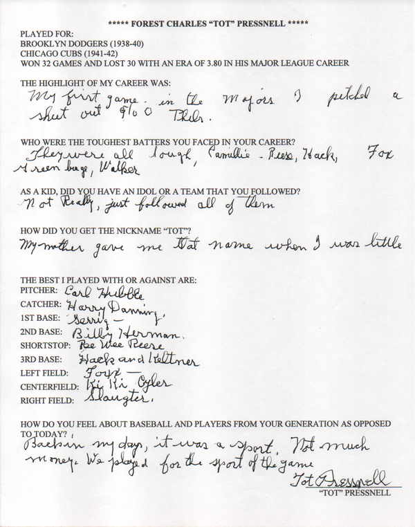 Tot Pressnell Autographed Hand Filled Out Survey Page (JSA)