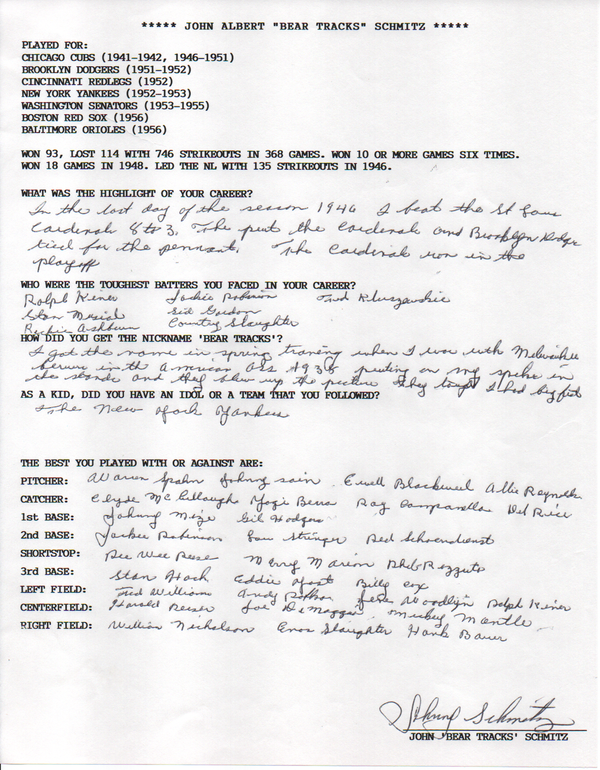 John "Bear Tracks" Schmitz Autographed Hand Filled Out Survey Page (JSA)