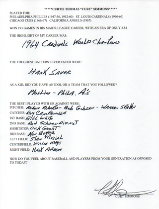 Curt Simmons Autographed Hand Filled Out Survey Page (JSA)