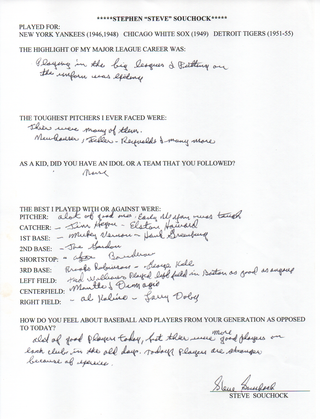 Steve Souchock Autographed Hand Filled Out Survey Page (JSA)