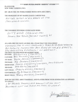 Johnny Sturm Autographed Hand Filled Out Survey Page (JSA)