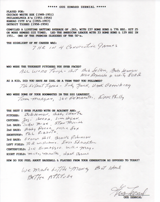 Gus Zernial Autographed Hand Filled Out Survey Page (JSA)