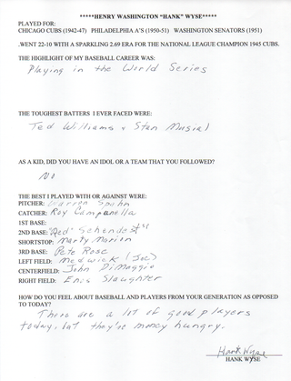 Hank Wyse Autographed Hand Filled Out Survey Page (JSA)