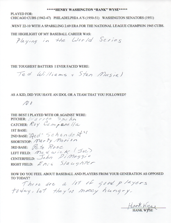 Hank Wyse Autographed Hand Filled Out Survey Page (JSA)