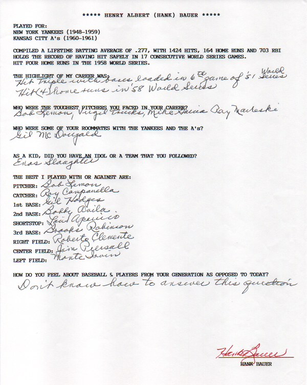 Hank Bauer Autographed Hand Filled Out Survey Page (JSA)