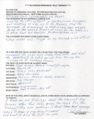 Ray Berres Autographed Hand Filled Out Survey Page (JSA)