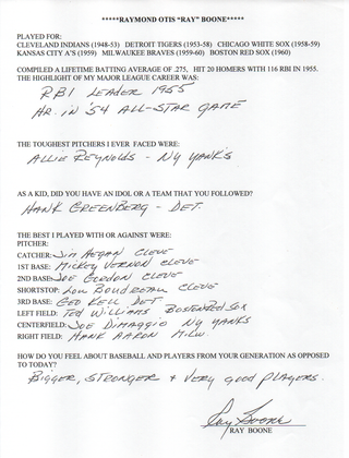 Ray Boone Autographed Hand Filled Out Survey Page (JSA)