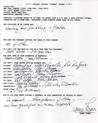 Tommy Byrne Autographed Hand Filled Out Survey Page (JSA)