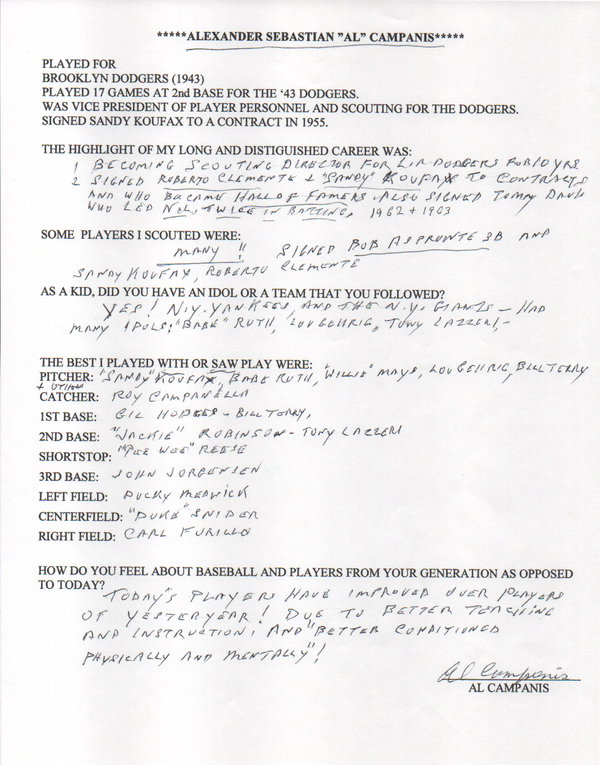 Al Campanis Autographed Hand Filled Out Survey Page (JSA)
