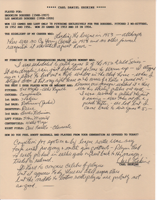 Carl Erskine Autographed Hand Filled Out Survey Page (JSA)