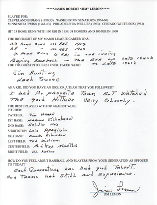 Jim Lemon Autographed Hand Filled Out Survey Page (JSA)
