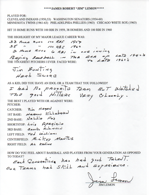 Jim Lemon Autographed Hand Filled Out Survey Page (JSA)