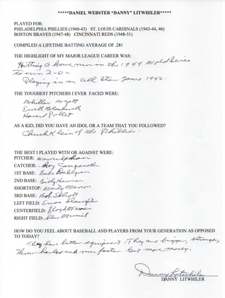 Daniel Litwhiler Autographed Hand Filled Out Survey Page (JSA)