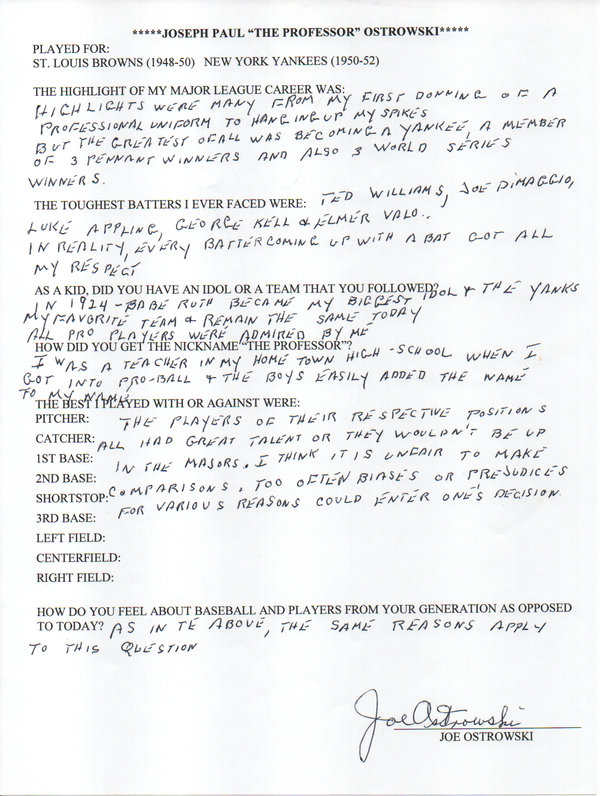 Joe Ostrowski Autographed Hand Filled Out Survey Page (JSA)