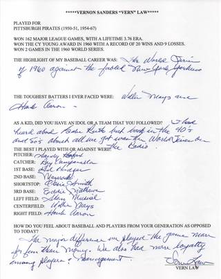 Vern Law Autographed Hand Filled Out Survey Page (JSA)