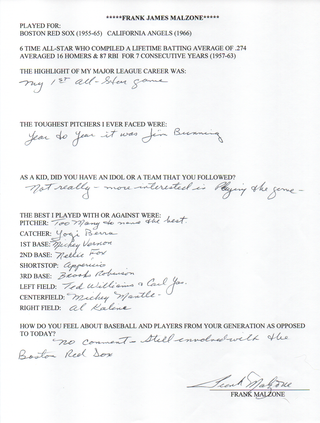 Frank Malzone Autographed Hand Filled Out Survey Page (JSA)