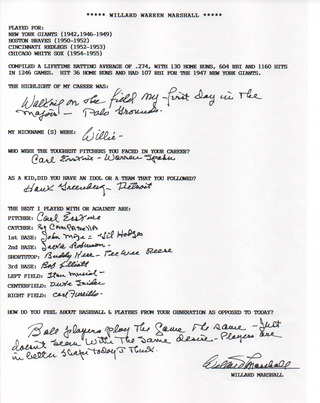 Willard Marshall Autographed Hand Filled Out Survey Page (JSA)