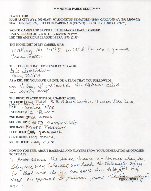 Diego Segui Autographed Hand Filled Out Survey Page (JSA)