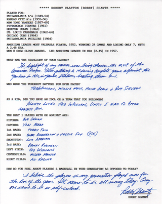 Bobby Shantz Autographed Hand Filled Out Survey Page (JSA)