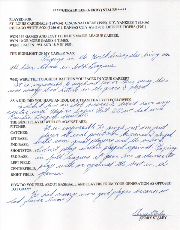 Gerry Staley Autographed Hand Filled Out Survey Page (JSA)