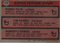 Tim Raines, Roberto Ramos & Bobby Pate 1981 Topps Card