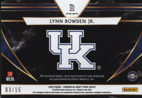 Lynn Bowden Jr. Auto 2020 Panini Chronicles Draft Picks Select RC Jersey Card /15