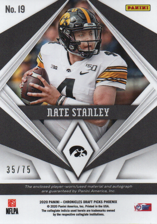 Nate Stanley Autographed 2020 Panini Chronicles Draft Picks Phoenix Rookie Jersey Card