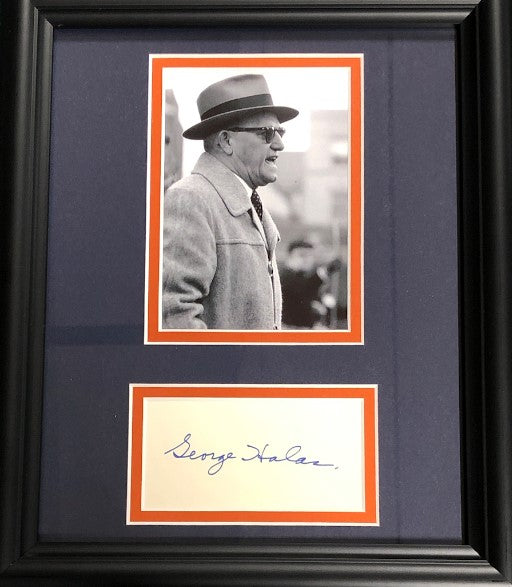 George Halas Framed Photo/Autographed Index Card (JSA)