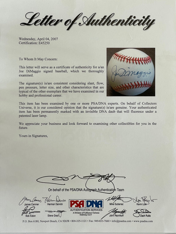 Joe DiMaggio autographed Official Major League Baseball (PSA)